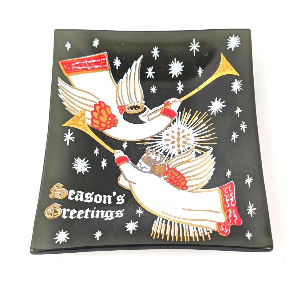 Vintage Houze Art Glass Seasons Greetings Black Tray Painted Christmas Angels